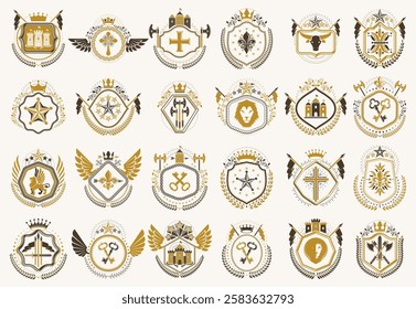 Heraldic Coat of Arms vector big set, vintage antique heraldic badges and awards collection, symbols in classic style design elements, family or business logos.