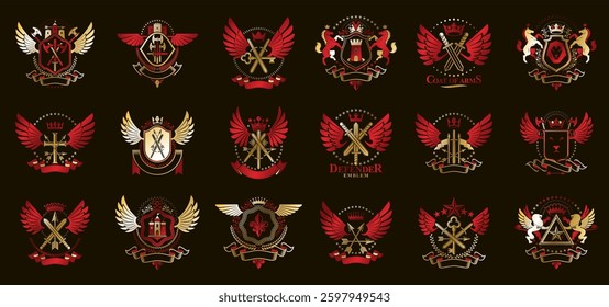 Heraldic Coat of Arms vector big set, vintage antique heraldic badges and awards collection, symbols in classic style design elements, family or business logos.