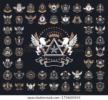 Heraldic Coat of Arms vector big set, vintage antique heraldic badges and awards collection, symbols in classic style design elements, family or business logos.