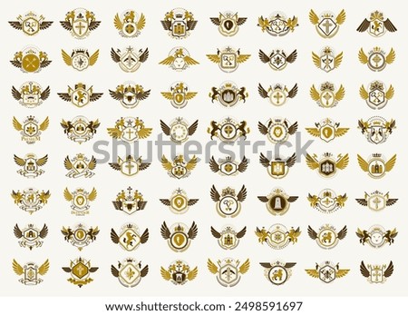 Heraldic Coat of Arms vector big set, vintage antique heraldic badges and awards collection, symbols in classic style design elements, family or business logos.