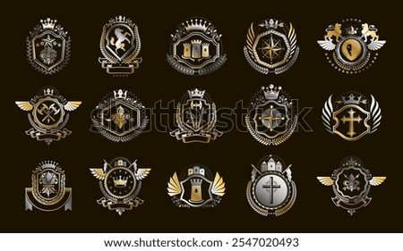 Heraldic Coat of Arms vector big set, vintage antique heraldic badges and awards collection, symbols in classic style design elements, family or business logos.