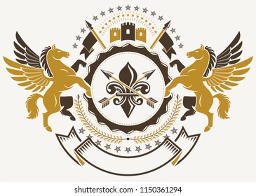 Heraldic Coat of Arms, vintage vector emblem created with graceful Pegasus illustration, lily flower and medieval castle.