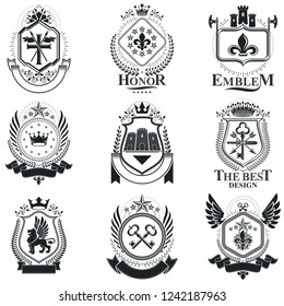 Heraldic Coat of Arms, vintage vector emblems. Classy high quality symbolic illustrations collection, vector set.