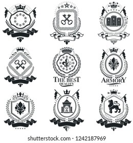 Heraldic Coat of Arms, vintage vector emblems. Classy high quality symbolic illustrations collection, vector set.