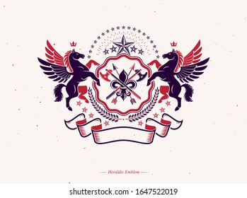 Heraldisches Wappen, Vintage-Vektorillustration-Emblem mit alten Waffen, Brutkästen und Speeren. Vektorillustration Blazon mit mythischem Pegasus, imperialer Krone und Lily Blumensymbol.