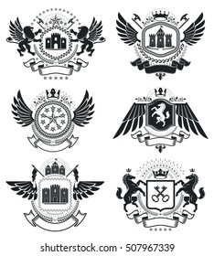 Heraldic Coat of Arms, vintage vector emblems. Classy high quality symbolic illustrations collection, vector set.