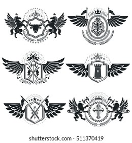 Heraldic Coat of Arms, vintage vector emblems. Classy high quality symbolic illustrations collection, vector set.