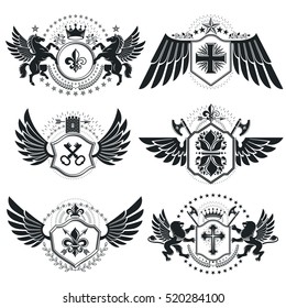Heraldic Coat of Arms, vintage vector emblems. Classy high quality symbolic illustrations collection, vector set.