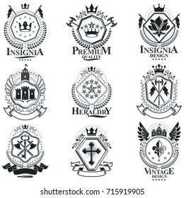 Heraldic Coat of Arms, vintage vector emblems. Classy high quality symbolic illustrations collection, vector set.