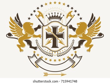 Heraldic Coat of Arms, vintage vector emblem created with mythic gryphon, religious cross, imperial crown and hatchets