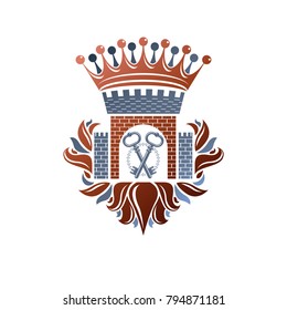 Heraldic Coat of Arms, vintage vector illustration. Retro Fortress logo in old style on isolated white background.