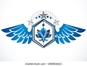 Heraldic Coat of Arms, winged vintage vector emblem composed with lily flower royal symbol and pentagonal stars