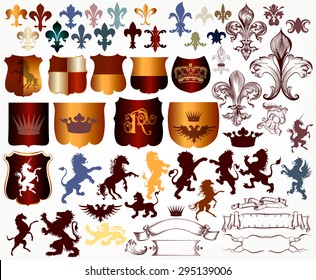 Heraldic collection of shields, silhouettes of lions, griffins and fleur de lis