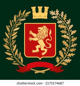 Heraldic color coat of arms. The lion on the shield. Framed by olive and oak branches