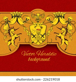 Heraldic colored sketch background with  crest shield and insignia emblems and swords lions unicorns vector illustration