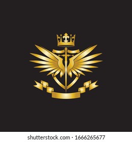 Heraldic Composition with crown, swords, wings, shield and ribbon.