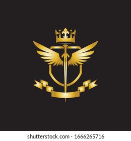 Heraldic Composition with crown, swords, wings, shield and ribbon.