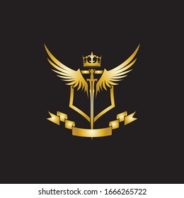Heraldic Composition with crown, swords, wings, shield and ribbon.