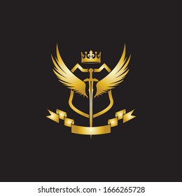 Heraldic Composition with crown, swords, wings, shield and ribbon.