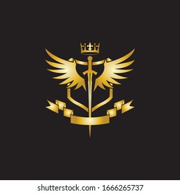 Heraldic Composition with crown, swords, wings, shield and ribbon.