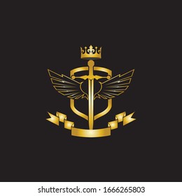Heraldic Composition with crown, swords, wings, shield and ribbon.