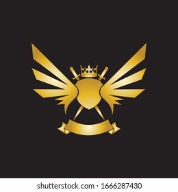 Composición heráldica con corona, espadas, alas, escudo y cinta.