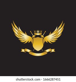 Heraldic Composition with crown, swords, wings, shield and ribbon.