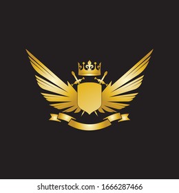 Heraldic Composition with crown, swords, wings, shield and ribbon.