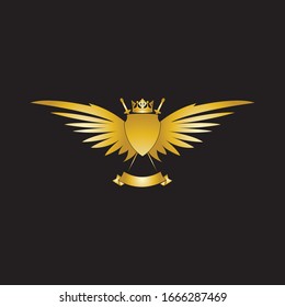 Composición heráldica con corona, espadas, alas, escudo y cinta.