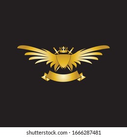 Heraldic Composition with crown, swords, wings, shield and ribbon.