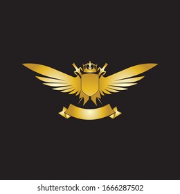 Heraldic Composition with crown, swords, wings, shield and ribbon.