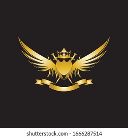 Heraldic Composition with crown, swords, wings, shield and ribbon.