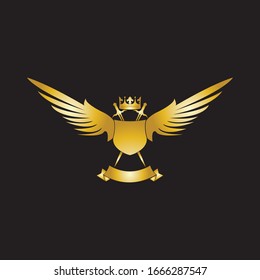 Composición heráldica con corona, espadas, alas, escudo y cinta.