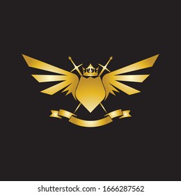 Composición heráldica con corona, espadas, alas, escudo y cinta.
