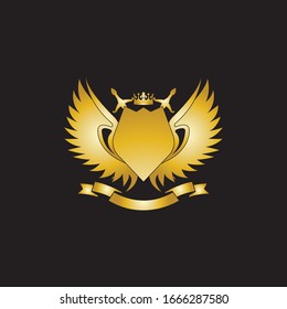Heraldic Composition with crown, swords, wings, shield and ribbon.
