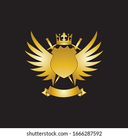 Heraldic Composition with crown, swords, wings, shield and ribbon.