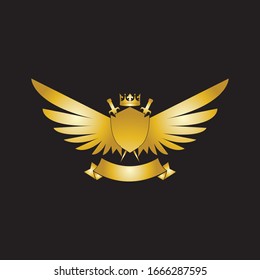 Heraldic Composition with crown, swords, wings, shield and ribbon.