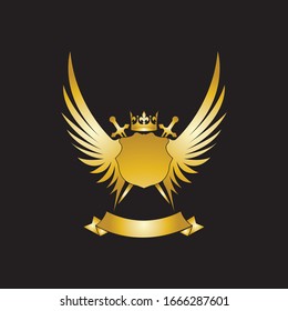Heraldic Composition with crown, swords, wings, shield and ribbon.