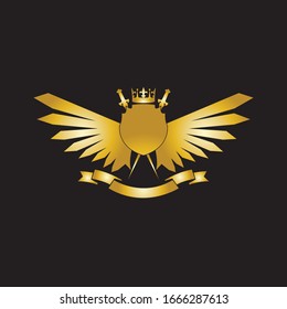 Heraldic Composition with crown, swords, wings, shield and ribbon.