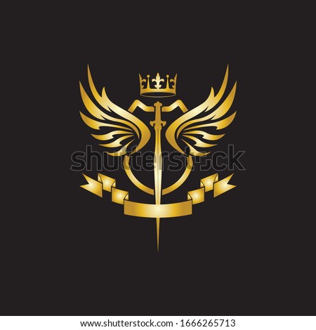 Heraldic Composition with crown, swords, wings, shield and ribbon.