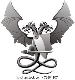 Heraldic composition with dragon, badge and sword.