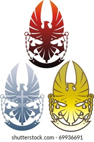 Heraldic composition with eagle, anchors, cross and ribbon