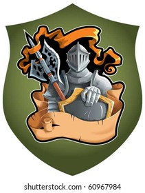 Heraldic composition with the knight in full armor, torn scroll, and fluttering banner, vector illustration
