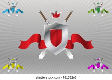 Heraldic composition with shield, swords & ribbon in different colors: red, green, blue, purple, yellow
