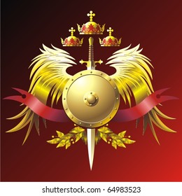 Heraldic composition with wings, buckler and crowns
