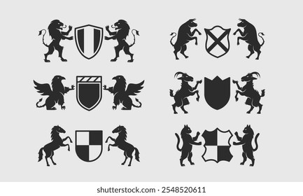 Plantillas Heráldicas, Escudo, Escudo de Armas. Logotipo heráldico Plantilla con animales de pie. Iconos de león, grifo, cabra, caballo, toro y gato. Ilustración vectorial