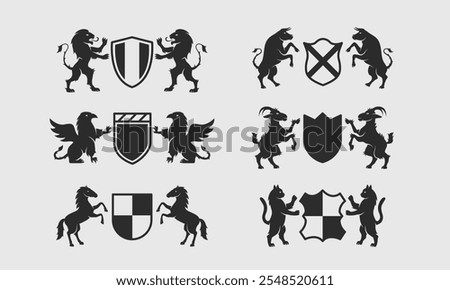 Heraldic, Crest, Coat of Arms templates. Heraldic logo template with standing animals. Lion, Griffin, Goat, Horse, Bull and Cat icons. Vector illustration