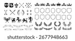 Heraldic crest or coat of arms vector set. Heraldry elements animals unicorn, lion, eagle, wings, swords and arrows, ribbons, wreaths, crowns, heraldic lily flower. Medieval emblems fantasy kingdom