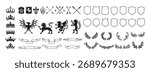 Heraldic crest or coat of arms vector set. Heraldry elements animals eagle, lion, swords and arrows, ribbons, wreaths, crowns, heraldic lily flower. Medieval blazon crest emblems fantasy kingdom