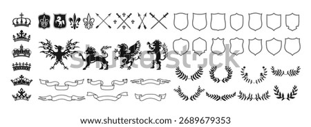 Heraldic crest or coat of arms vector set. Heraldry elements animals eagle, lion, swords and arrows, ribbons, wreaths, crowns, heraldic lily flower. Medieval blazon crest emblems fantasy kingdom